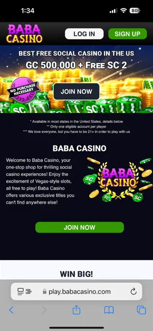 Baba Casino mobile website on iPhone