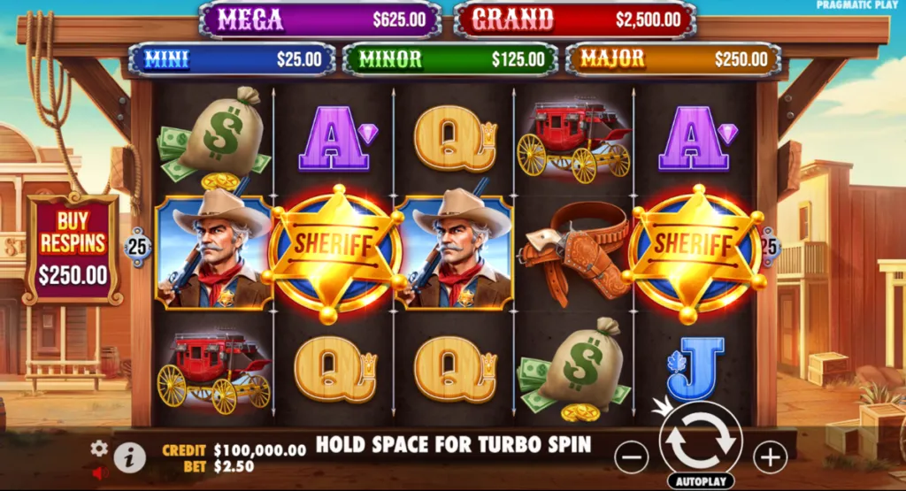 Badge Blitz slot game by Pragmatic Play showing reels and bonus symbols