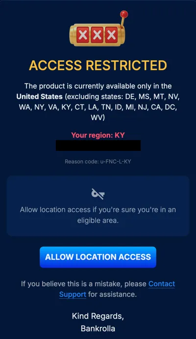 BankRolla pop-up notification shown when a player attempts to access the site from a restricted state