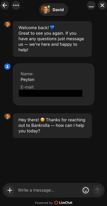 BankRolla Casino live chat conversation with support agent David