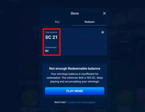 BankRolla account screen showing total Sweeps Coin balance and redeemable SC amount