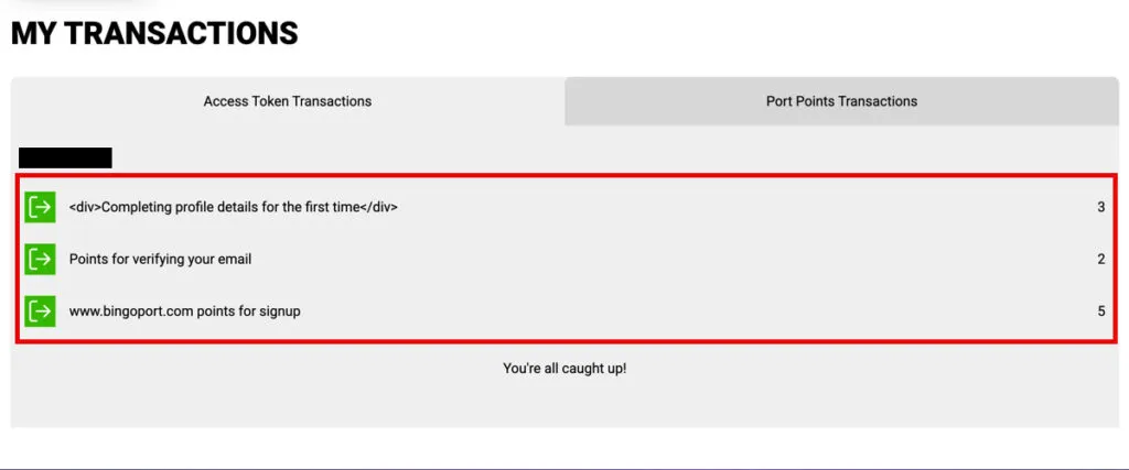Bingoport “My Transactions” page showing all three Access Token rewards from the sign-up bonus