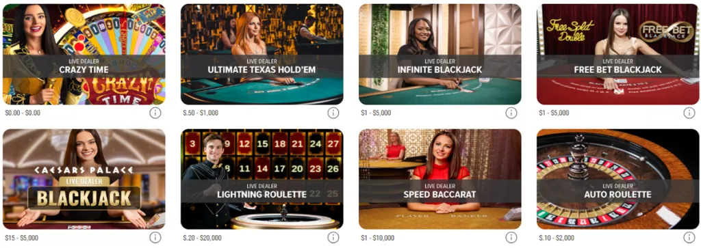 Live dealer casino games section with blackjack, roulette, and baccarat tables at a WV online casino