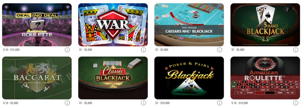 Screenshot of Table Games At Caesars