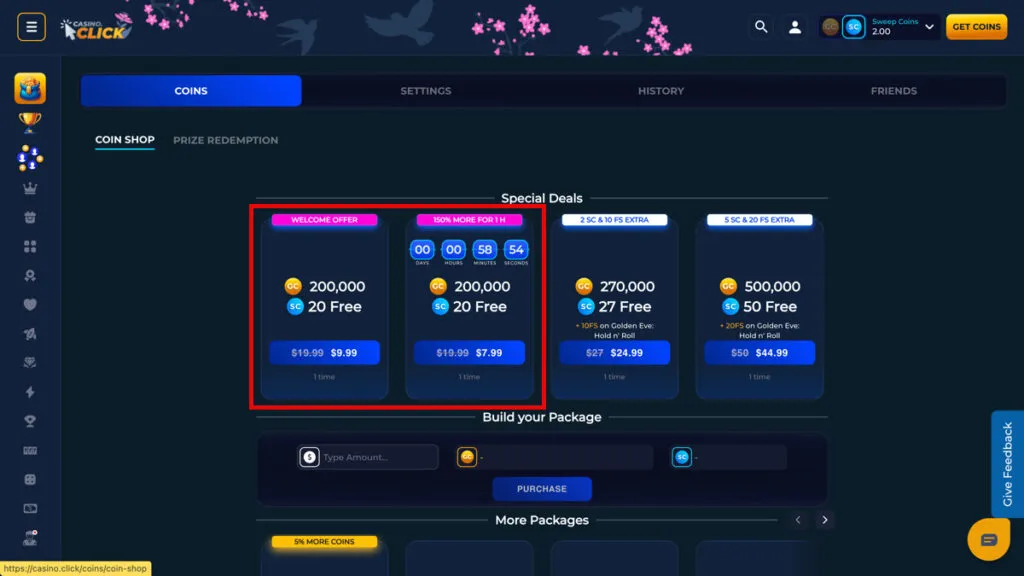 Casino Click Coin Shop showing the standard $9.99 first-purchase bonus and the discounted $7.99 limited-time offer side by side