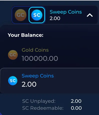 Casino Click balance showing 100,000 Gold Coins and 2 Sweeps Coins after claiming the no-deposit bonus