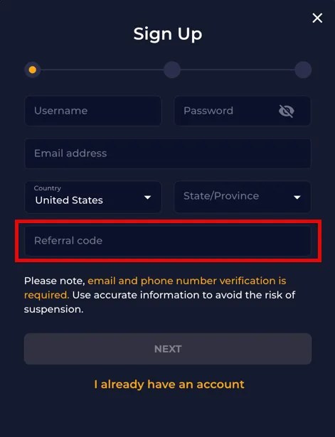 Casino Click sign-up page showing the optional referral code box during registration