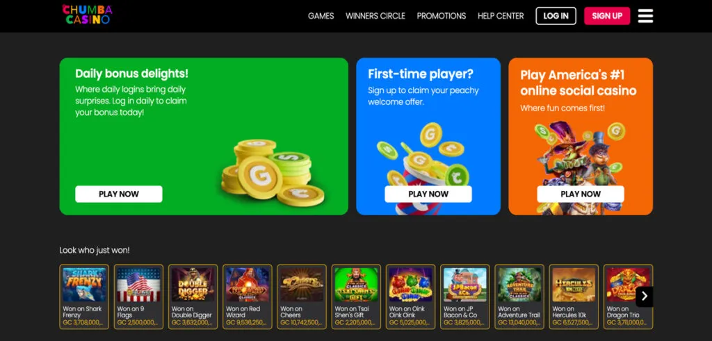 Chumba Casino lobby showing welcome bonuses, daily login rewards, and recent wins