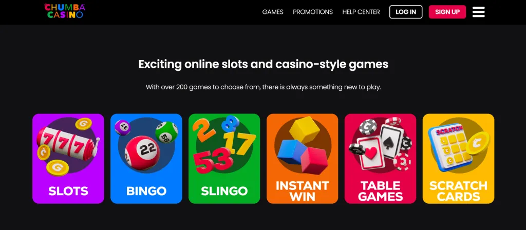Chumba Casino website showing available game types and categories
