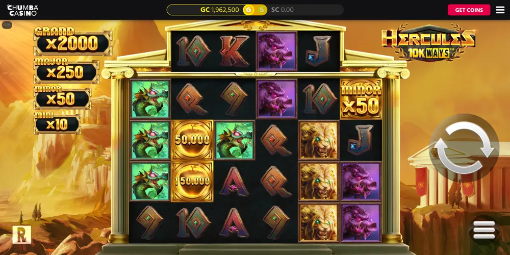 Player spinning the Hercules 10K WAYS slot at a Vermont social casino using a no-deposit bonus