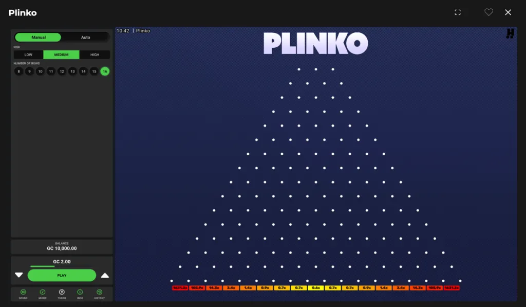 Plinko game board with a ball dropping through pegs toward prize multipliers at the bottom