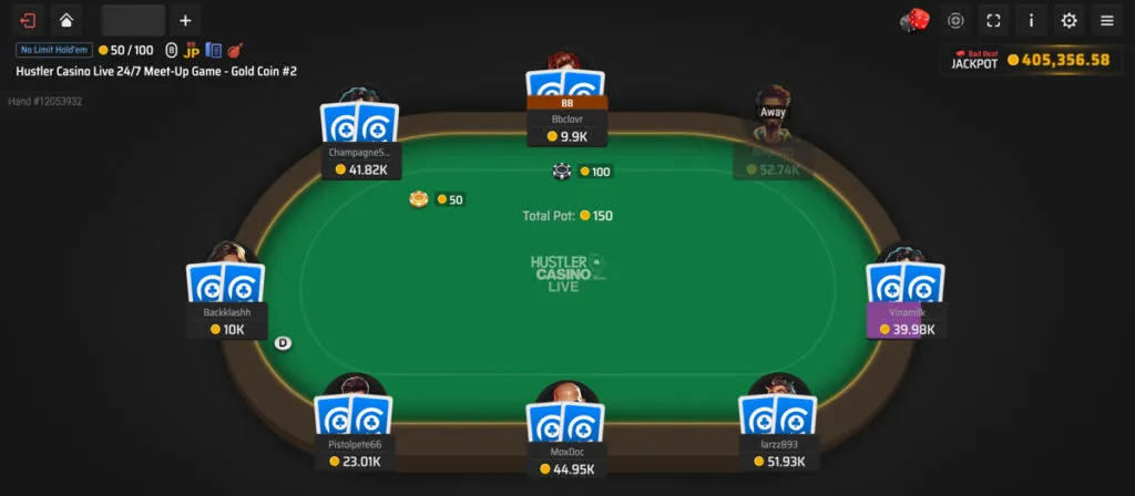 Online poker game in progress at Clubs Poker, a sweepstakes poker site in Arkansas