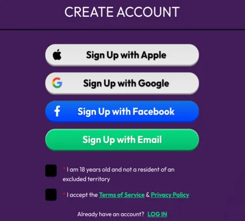 Crown Coins Casino sign-up screen showing options to register with Facebook, Google, Apple, or email
