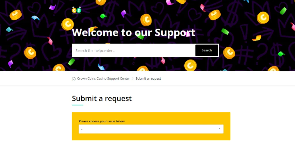 Crown Coins Casino help center page with an option to submit a support request