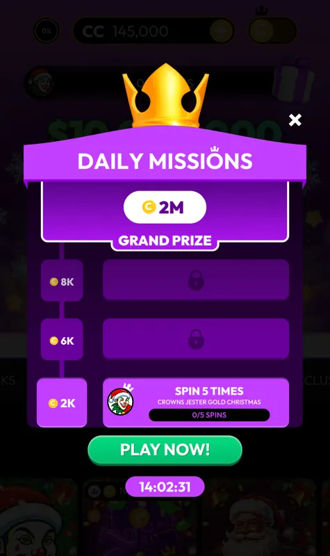 Crown Coins daily missions example with tasks and free coin rewards