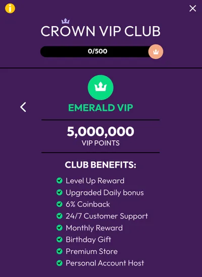 Crown Coins VIP Club Emerald tier benefits