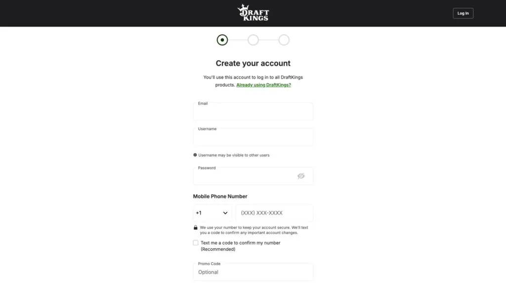 DraftKings Casino registration page and promo code field for new customers