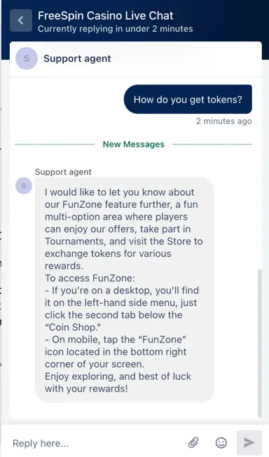Live chat support example from FreeSpin Casino