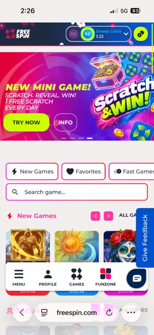 FreeSpin Casino mobile website on iPhone