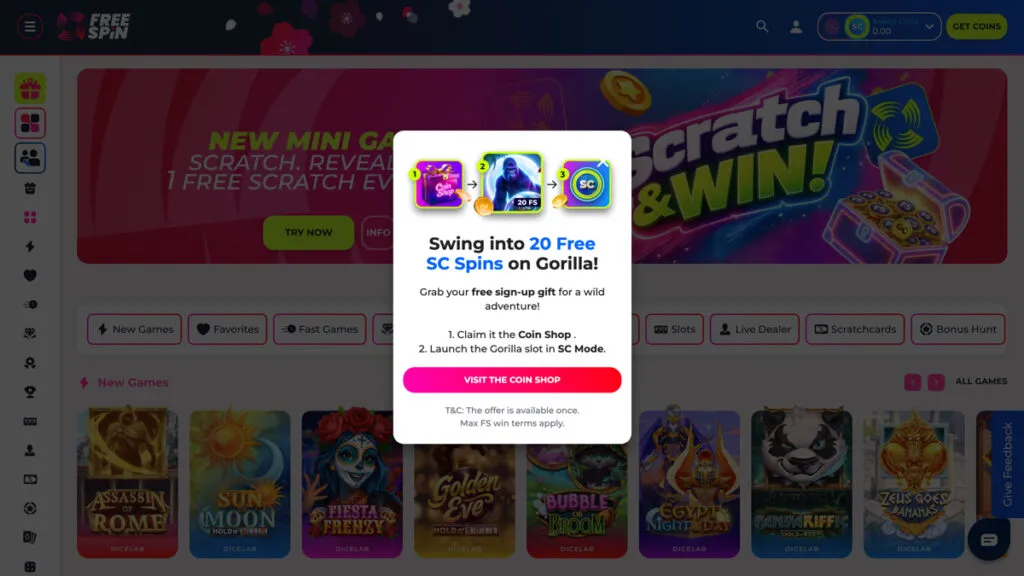 FreeSpin Casino pop-up message awarding 20 SC free spins after account creation