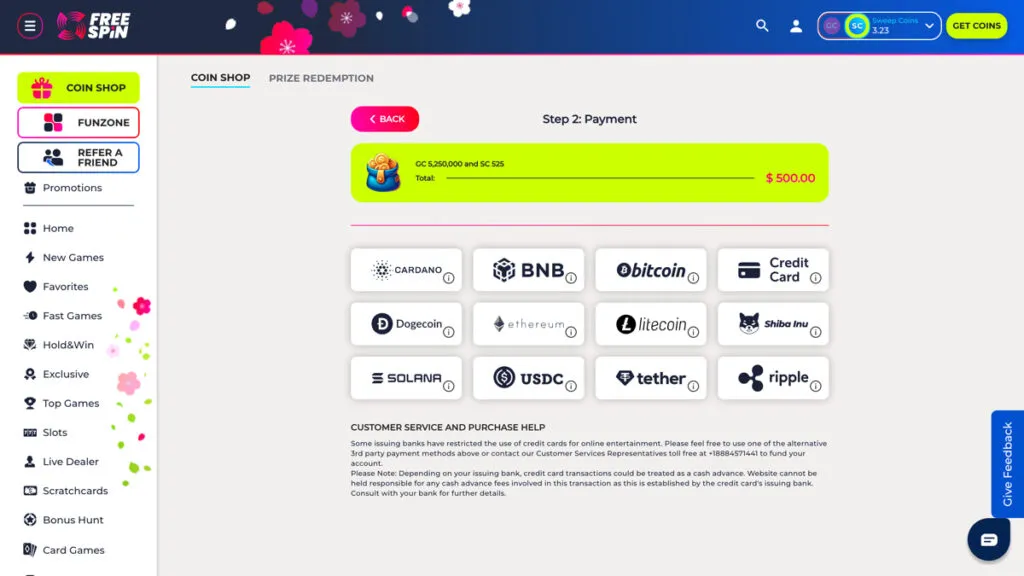Payment methods available at FreeSpin Casino