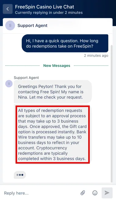 Customer support message about FreeSpin Casino payout times