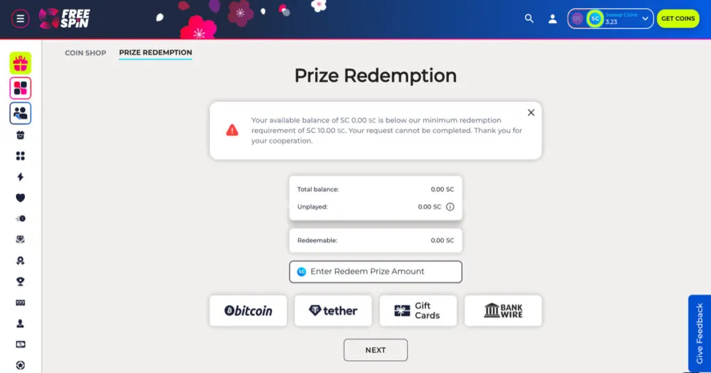 FreeSpin Casino prize redemption methods