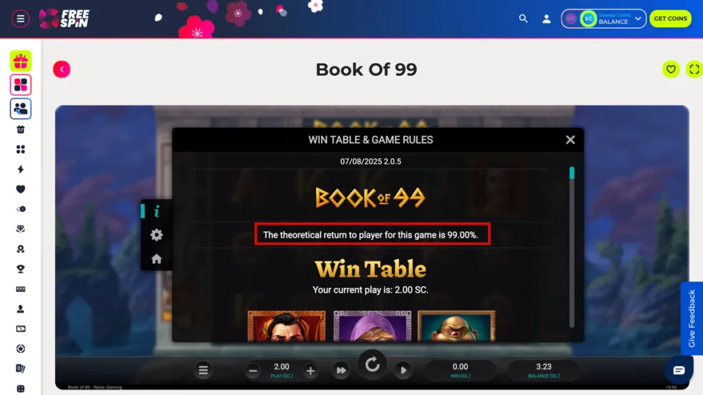 RTP information showing 99% on a FreeSpin Casino slot game