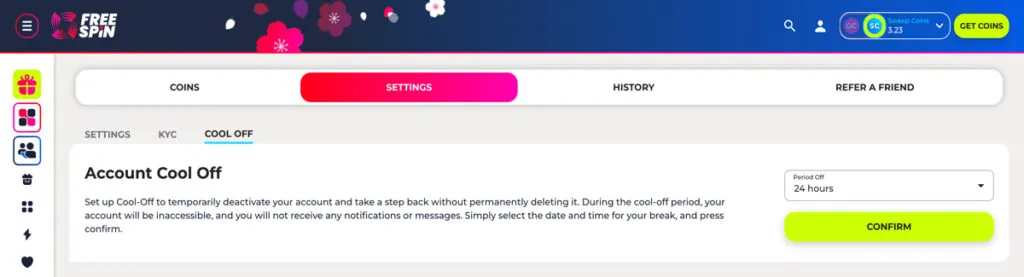 FreeSpin Casino cool-off period options in account settings
