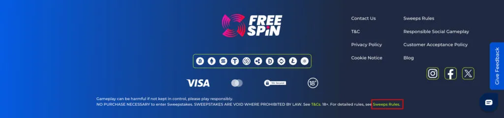 Sweeps Rules link at bottom of FreeSpin Casino website