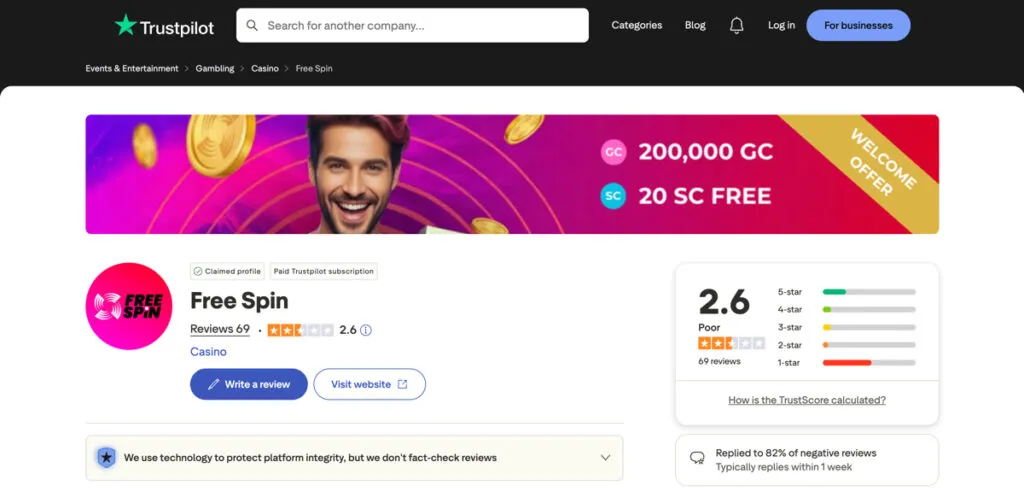 FreeSpin Casino Trustpilot score and player feedback