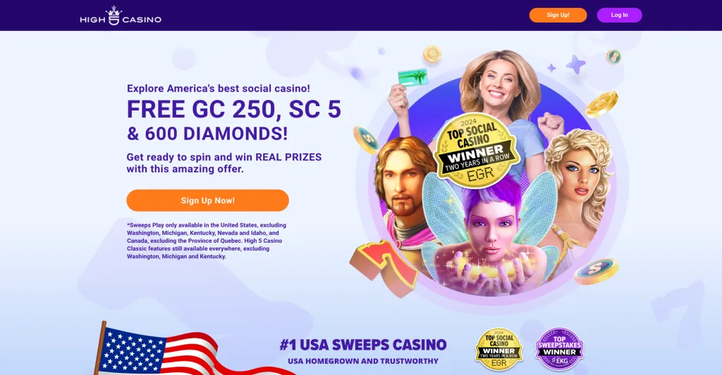 High 5 Casino website showing welcome offer and no deposit bonus