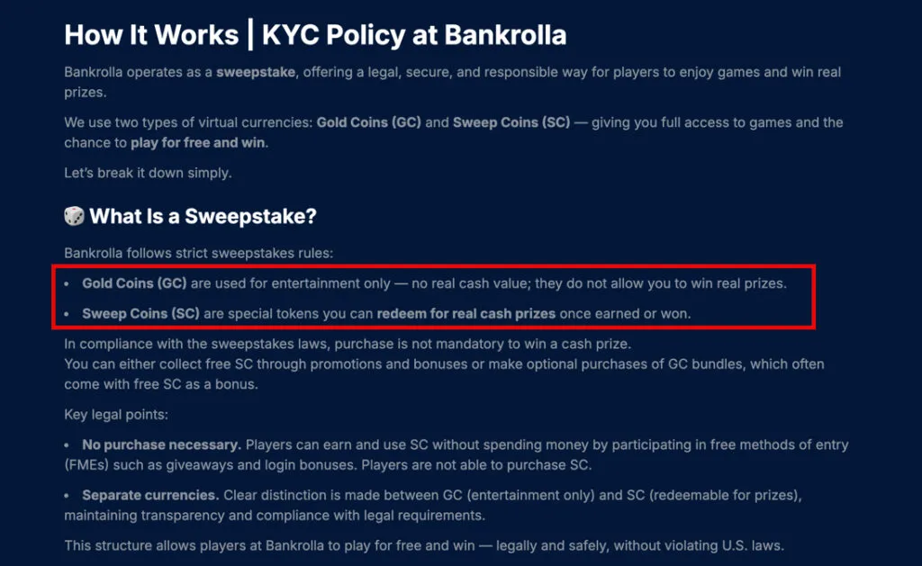 BankRolla “How It Works” page explaining Gold Coins and Sweeps Coins