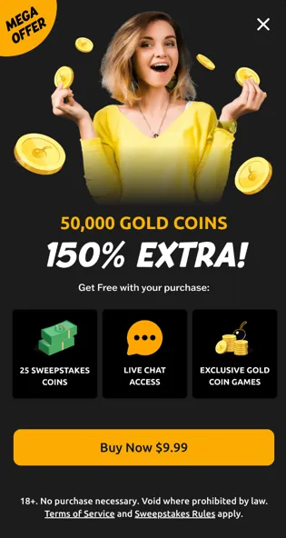 Jackpota first-purchase bonus offering 50,000 Gold Coins for $9.99 plus 25 free Sweepstakes Coins