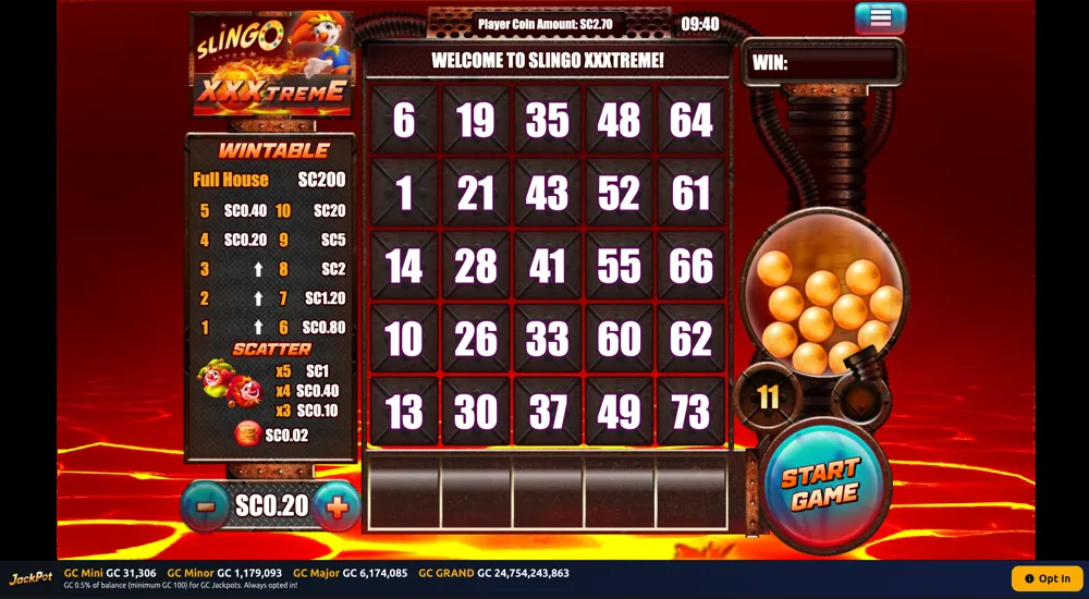 SlingoXXXtreme game being played at Jackpota, combining slot reels and bingo-style gameplay