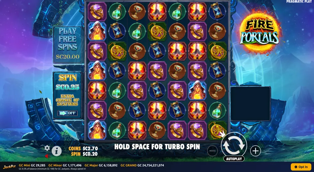 Fire Portals slot game by Pragmatic Play being played at Jackpota