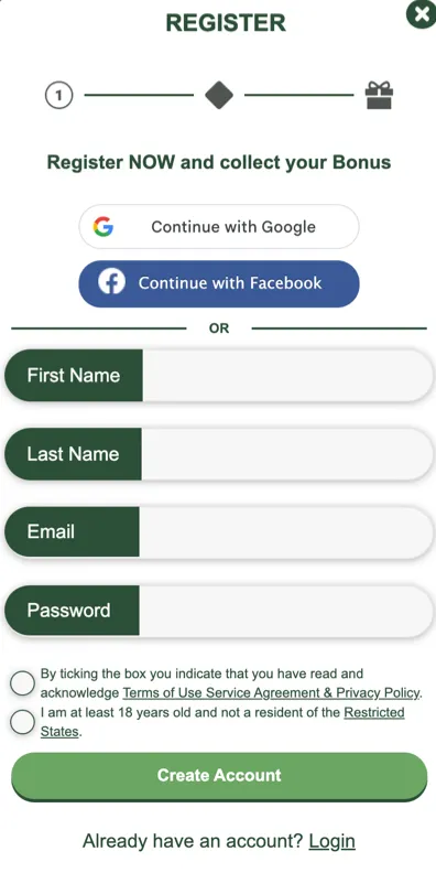 LoneStar Casino registration page showing fields for name, email, and password with no promo code needed to sign up