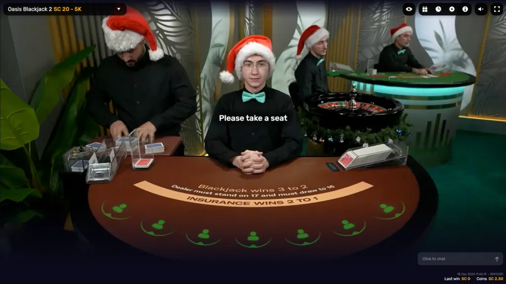 Oasis Blackjack live dealer game being played at a New Mexico social casino