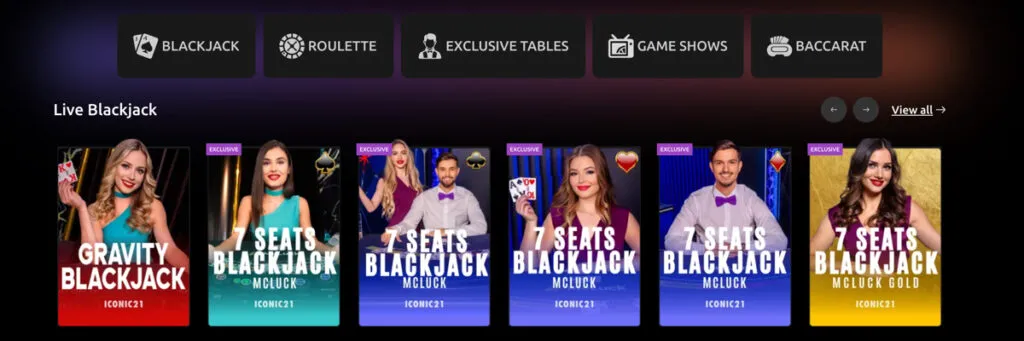 Live dealer casino games including Gravity Blackjack