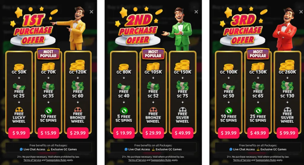 McLuck first, second, and third purchase bonuses with GC and SC amounts and pricing