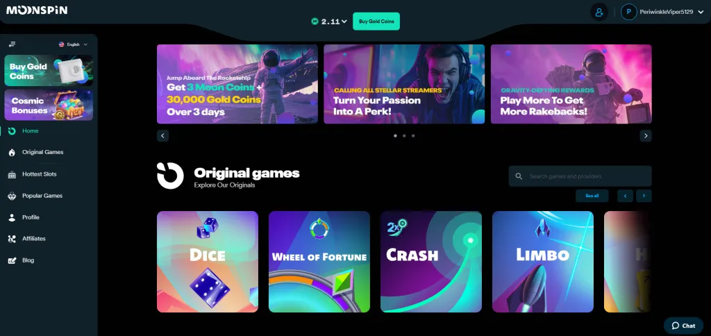 Moonspin Casino desktop layout with menu options and featured games