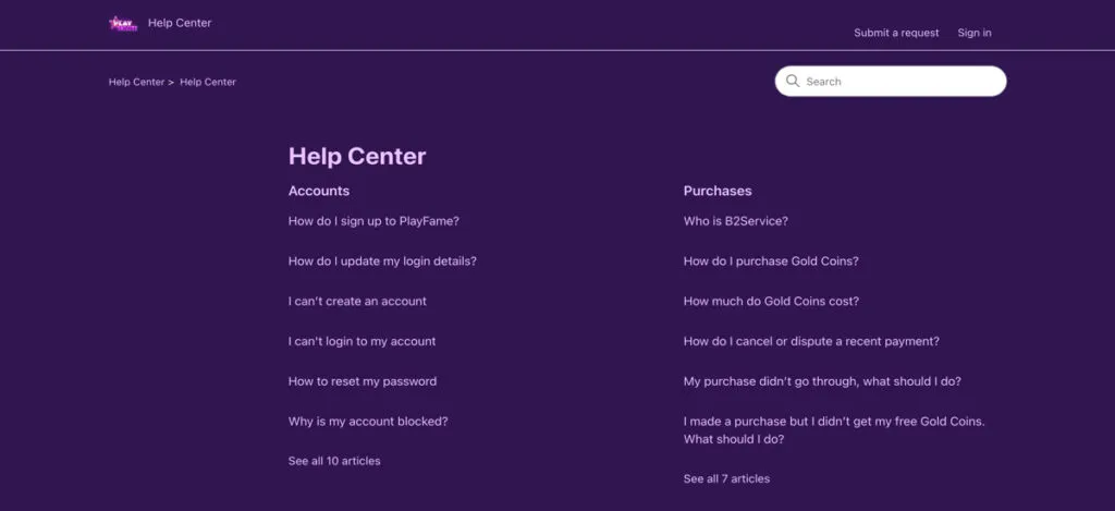PlayFame Casino help center showing FAQ topics and a “Submit a Request” support option