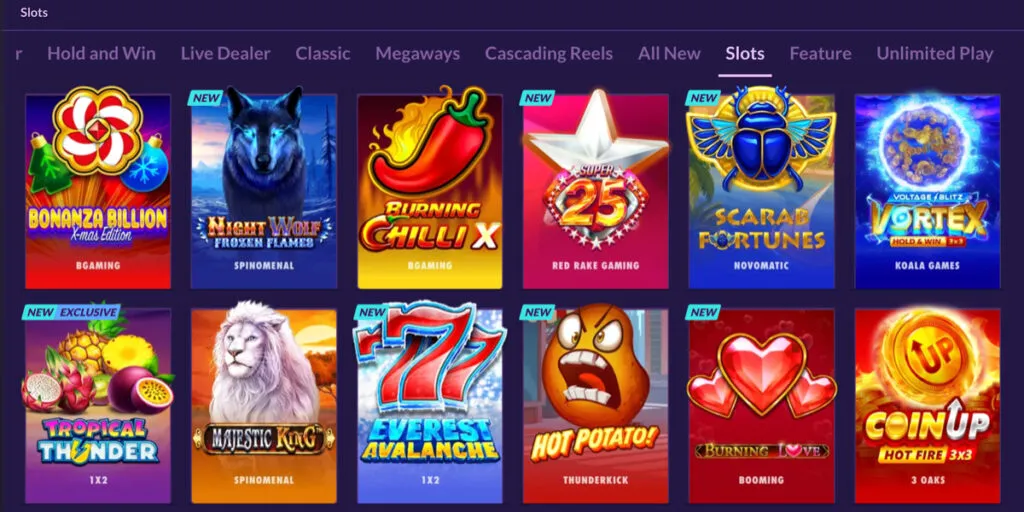 PlayFame Casino slots section showing new and exclusive titles from different software providers