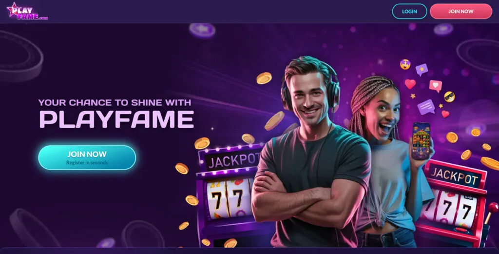 PlayFame Casino homepage showing a "Join Now" button