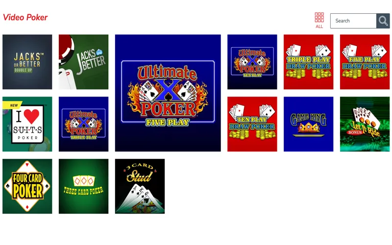 Video poker games section at a West Virginia online gambling site
