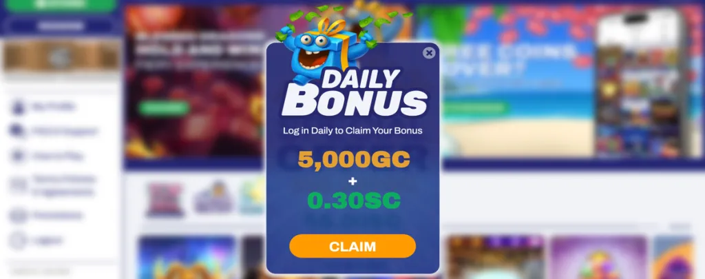 RealPrize daily login bonus pop-up notification for 5,000 Gold Coins and 0.30 Sweeps Coins