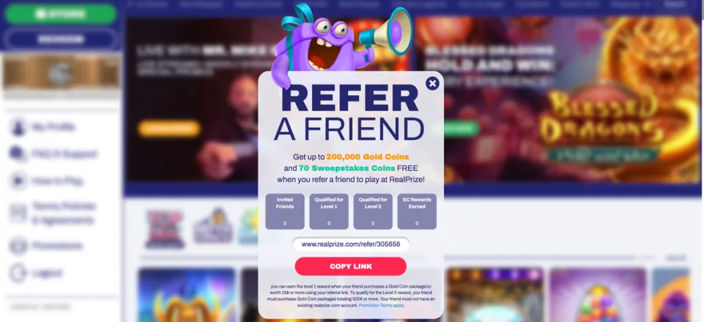 RealPrize refer-a-friend promotion offering up to 200,000 Gold Coins and 70 Sweeps Coins per referral