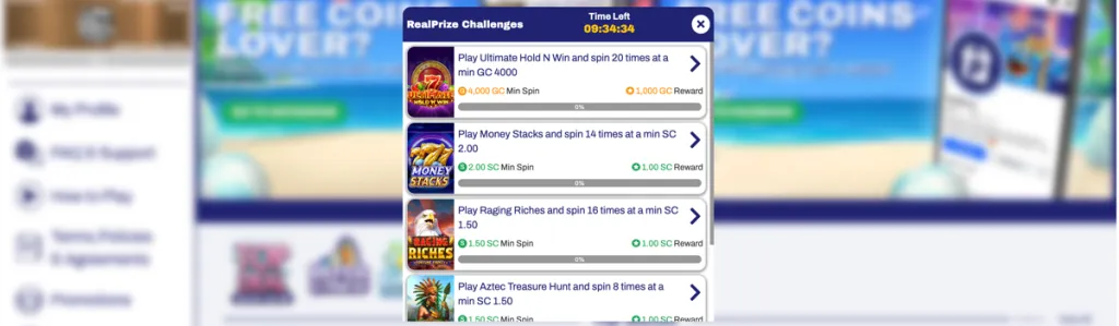 RealPrize daily missions showing tasks that reward free Gold Coins and Sweeps Coins