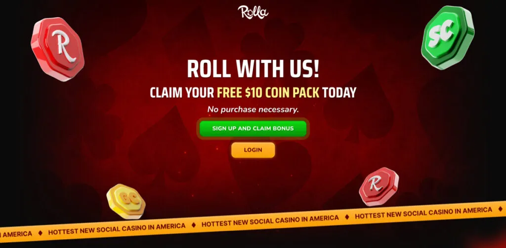 Rolla Casino website promoting a $10 free no-deposit bonus for Georgia players