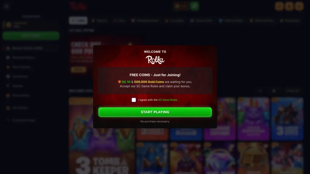 Rolla Casino welcome bonus pop-up message after registration